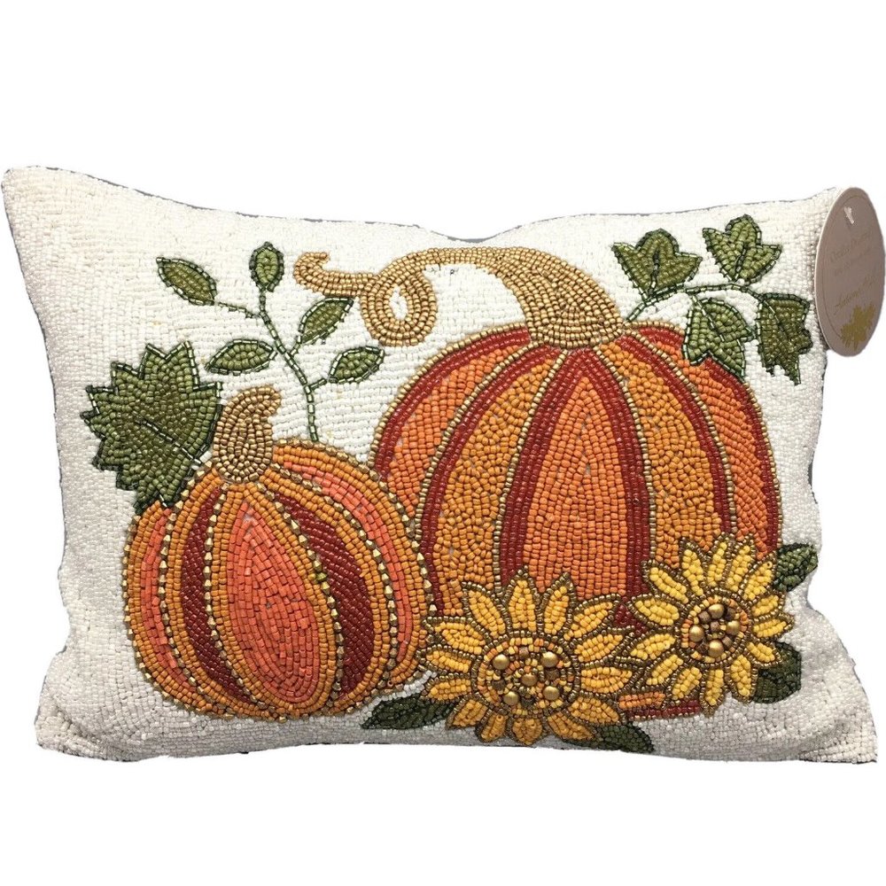 Autumn Hill Beaded Orange Pumpkins Sunflowers Accent Pillow Fall Decor 12"x16"